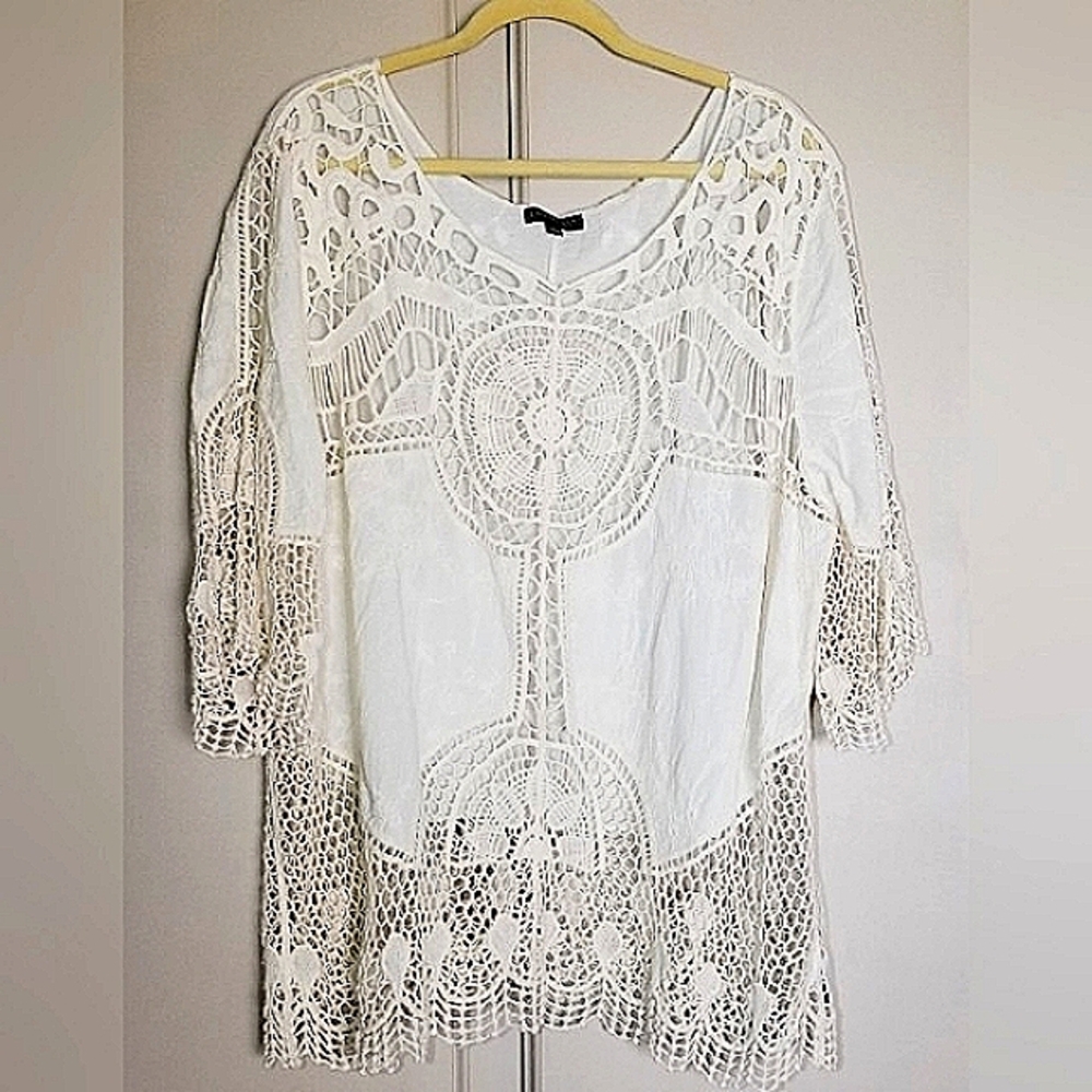 Boho Off-White Womens Crochet Top 100% Cotton Lane Bryant Summer Spring